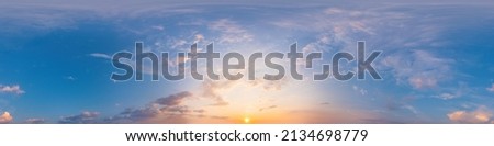 Panorama of a dark blue sunset sky with pink Cirrus clouds. Seamless hdr 360 panorama in spherical equiangular format. Full zenith for 3D visualization, sky replacement for aerial drone panoramas. Royalty-Free Stock Photo #2134698779