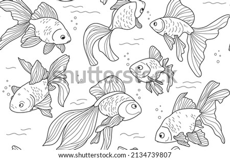 Seamless doodle pattern of golden fish. Black and white tropical fish background. Nautical silhouette. Set of isolated outline cartoon vector fish. Vector illustration. Wallpaper.
