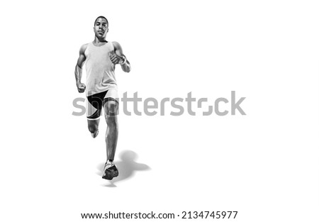 Sports background. Runner on the start. Black and white image isolated on white. Royalty-Free Stock Photo #2134745977