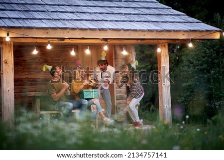 A group of friends having a good time at birthday party at the cottage porch on a beautiful evening. Vacation, nature, cottage, celebration
