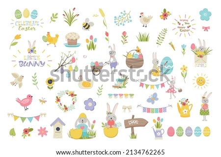Easter spring set with cute animals, eggs, bunnies, chickens, birds and insects, blooming flowers. Collection of cute easter cartoon characters and spring decorative elements. Vector illustration