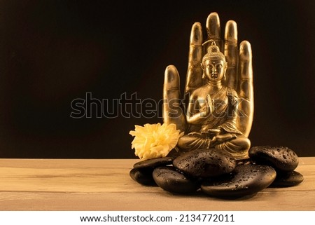 Statue of Buddha on black background.