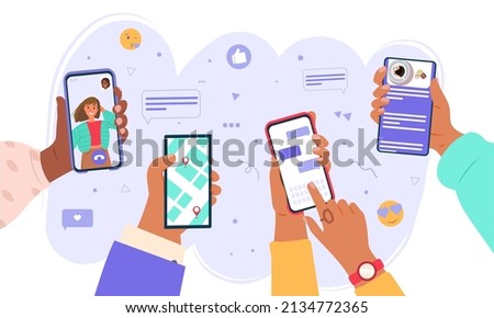 Set of hands holding smartphone flat vector Illustration. People use smartphones, surfing in social media. Boy and girl chatting, using navigation, watching video, liking photos, talking in Mobile App Royalty-Free Stock Photo #2134772365