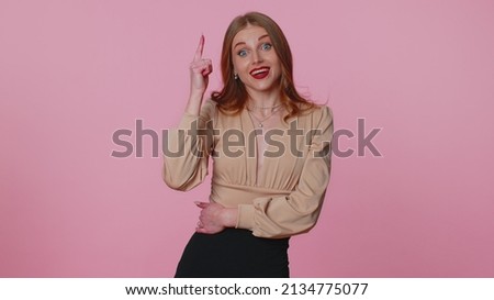 Eureka. Thoughtful inspired businesswoman girl make clever gesture raises finger came up with creative plan feels excited with good idea, inspiration motivation. Young woman on pink studio background