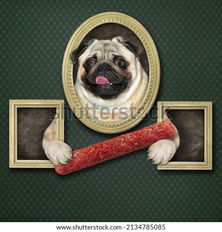 A pug husky with a sausage leans out of a picture in an art gallery.