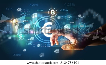 Business person hand pushing currency symbol on multimedia touch screen