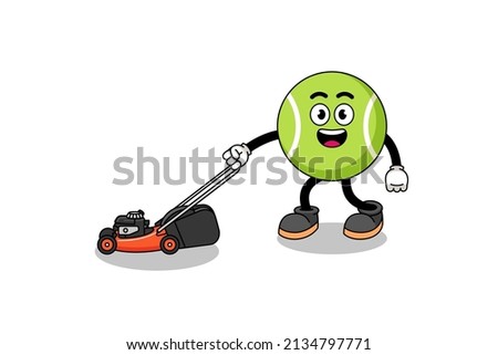 tennis ball illustration cartoon holding lawn mower , character design