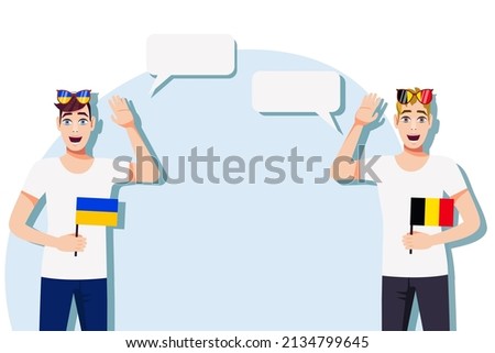 The concept of international communication, sports, education, business between Ukraine and Belgium. Men with Ukrainian and Belgian flags. Vector illustration.
