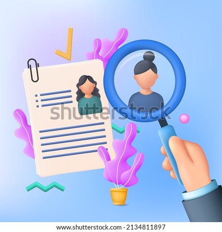 Recruiters hands holding cv and magnifying glass. HR management concept. Human resources. Searching professional staff. 3D vector illustration Royalty-Free Stock Photo #2134811897