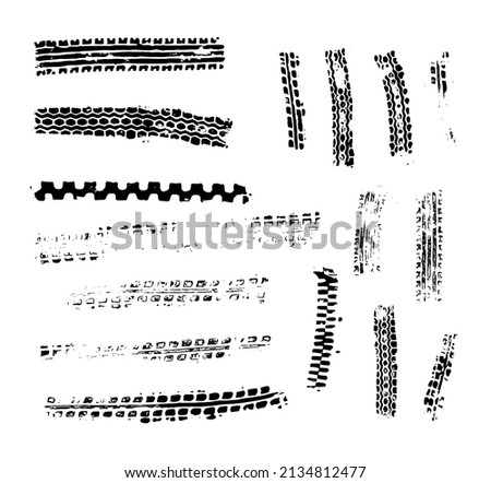 Traces from the tire tread of a car, motorcycle or bicycle. Motocross, rally, track, traces of grungy wheels. Vector texture.