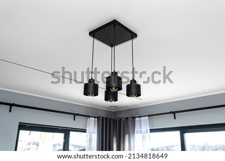 Modern chandeliers with tube shaped LED bulbs, covered with matt black paint, four bulbs visible. Royalty-Free Stock Photo #2134818649