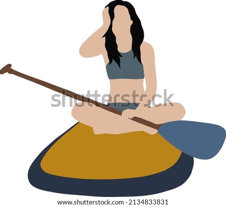 
A girl in a blue swimsuit sits on a yellow SUP-board and holds a paddle