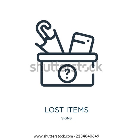 lost items thin line icon. lost, information linear icons from signs concept isolated outline sign. Vector illustration symbol element for web design and apps.