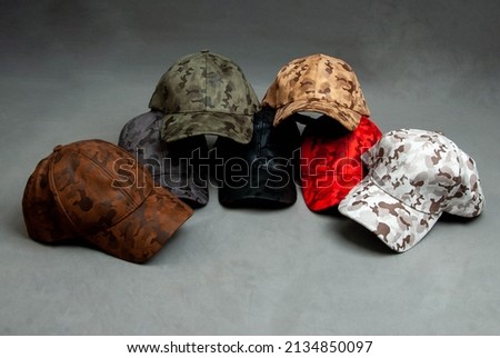 Camouflaged caps made of suede material 7 colors images from back and front can be used for online stores and social media marketing, Winning product in caps niche