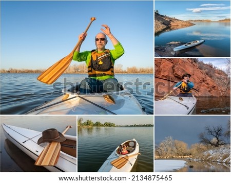 paddling expedition canoe on lakes and rivers in Colorado, a set of pictures featuring the same senior male paddler, all images copyright by the photographer