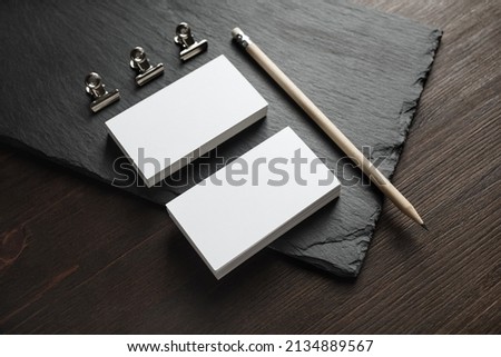 Blank business cards, pencil and clips. Template for graphic designers portfolios.