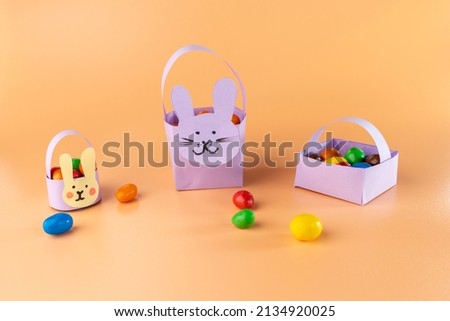 DIY paper basket craft, how to make easter treat box, tutorial, step by step instruction, art project for kids Royalty-Free Stock Photo #2134920025