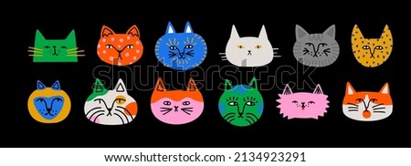 Funny cat animal head cartoon set in colorful flat illustration style. Cute kitten pet collection, diverse domestic cats.