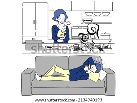 Illustration of a wife sighing over washing dishes and a husband relaxing