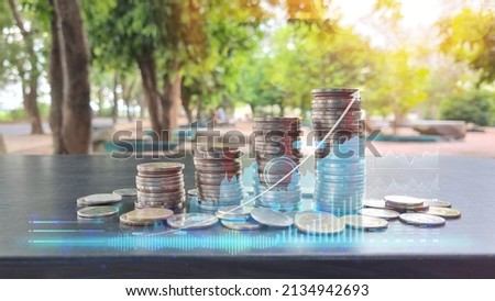 row of coin money, money saving and account concept, for background image finance banking business idea, investment, fund, bond, dividend, interest,
