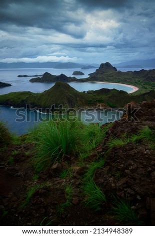 view at top of 'Padar Island' in sunrise (late morning) from Komodo Island, Komodo National Park, Labuan Bajo, Flores, Indonesia. in summer in rainy days