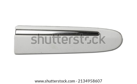 White plastic molding with chrome for car side fender - tuning element for sale in a car service on a white isolated background in a photo studio.