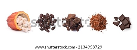 Chocolate ingredients in wooden bowls, cocoa beans, chocolate mass, cocoa powder, chocolate bars. Flat lay isolated on white background. Royalty-Free Stock Photo #2134958729