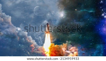 Spaceship flight. Starry sky and blue galactics. View on space shuttle and milky way. Elements of this image furnished by NASA
