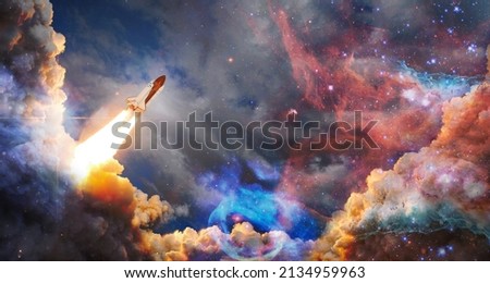 Spaceship flight. Starry sky and blue galactics. View on space shuttle and milky way. Elements of this image furnished by NASA Royalty-Free Stock Photo #2134959963