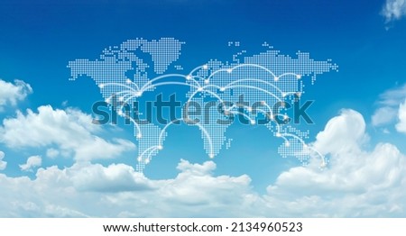World Map in the blue sky with clouds, World atlas on cloud in sky show Globe communicate, Environment, Save earth, Worldwide business, global network, Travel map, Earth day concept.