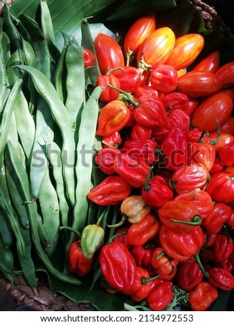 Red chilies and beads freshly at the traditional market 