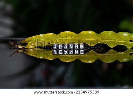 Mote alphabet blocks arranged into "Jeanne" on leaf background..