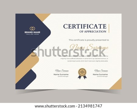 Appreciation and Achievement Certificate Template Design, Clean modern certificate, Diploma Certificate vector template, achievement certificate with badge. Royalty-Free Stock Photo #2134981747