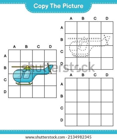 Copy the picture, copy the picture of Helicopter using grid lines. Educational children game, printable worksheet, vector illustration