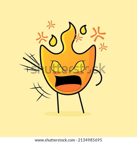 cute fire cartoon with very angry expression. mouth open, hand shaking and eyes bulging. suitable for logos, icons, symbols or mascots