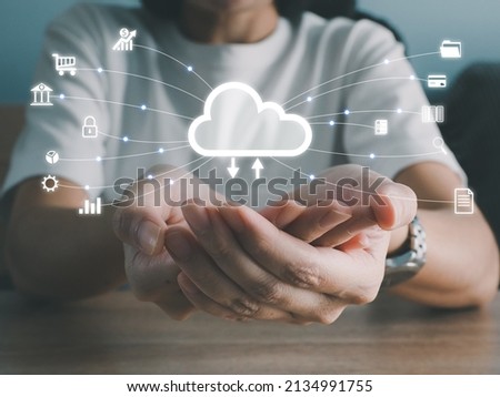 Show business information online in cloud data format. data connection cloud technology access protection large database cloud business development concept
