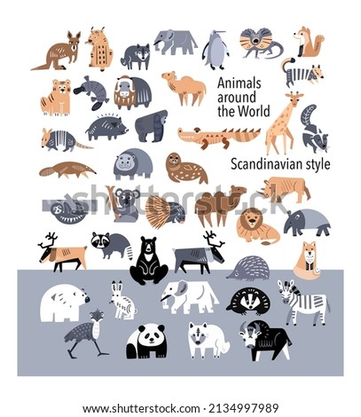 Set of world animals in scandinavian style. Decorative elements, objects. Bundle of isolated icons. Vector illustration. Royalty-Free Stock Photo #2134997989