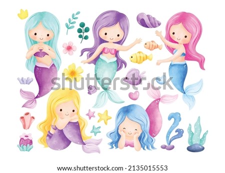 Watercolor Illustration Mermaid and Elements  Royalty-Free Stock Photo #2135015553