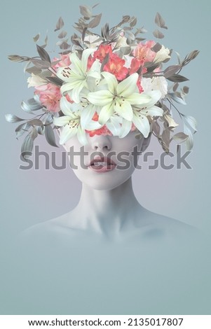 Abstract contemporary art collage portrait of young woman with flowers Royalty-Free Stock Photo #2135017807