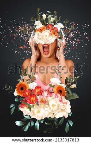 Abstract contemporary art collage portrait of young woman with flowers Royalty-Free Stock Photo #2135017813