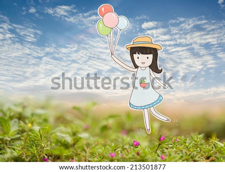 Cute little girl holding colorful balloons on the sky ,creative design paper cut.