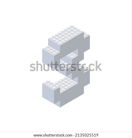 Isometric letter 3 in gray on a white background collected from plastic blocks. clipart.