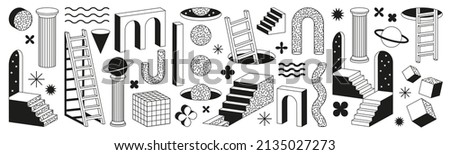 Surreal geometric shapes. Abstract vector elements and signs in trendy minimal outline style. Arch, stairs, column and geometric shapes. Can be used in web, social media, poster, cover design, banner. Royalty-Free Stock Photo #2135027273