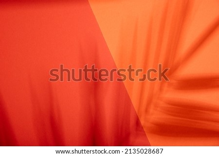 Red and orange color background with tropical palm shadow. Two trend pastel paper and exotic plant shade layout. Minimal summer flat lay with leaf silhouette overlay.