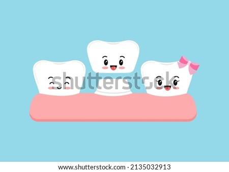 Cute tooth with crown in gum dental vector emoji character isolated. Kids teeth aestetic prosthesis treatment icon. Flat design kawaii cartoon style vector dental health clip art illustration.