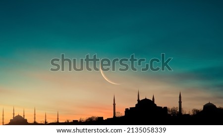mosque sunset sky, holy and islamic night and silhouette mosque Royalty-Free Stock Photo #2135058339
