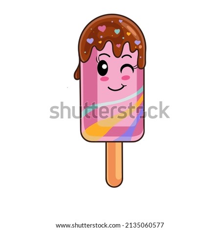 Pink popsicle on a stick, covered with chocolate glaze.