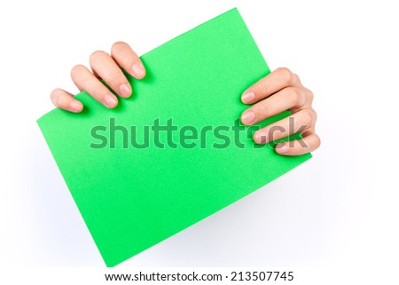 Both Hand holding a business card breaking through the hole in white