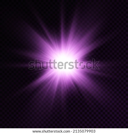 The star burst with brilliance, glow bright star, purple glowing light burst on a transparent background, violet sun rays, golden light effect, flare of sunshine with rays, vector illustration, eps 10 Royalty-Free Stock Photo #2135079903