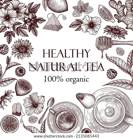Vector illustration healthy tea banner template. Graphic linear tea cup with teapot, teaspoon, lemon, ginger, chamomile, rosehip, mint, tea bags, hibiscus, honey dipper, tea leaves